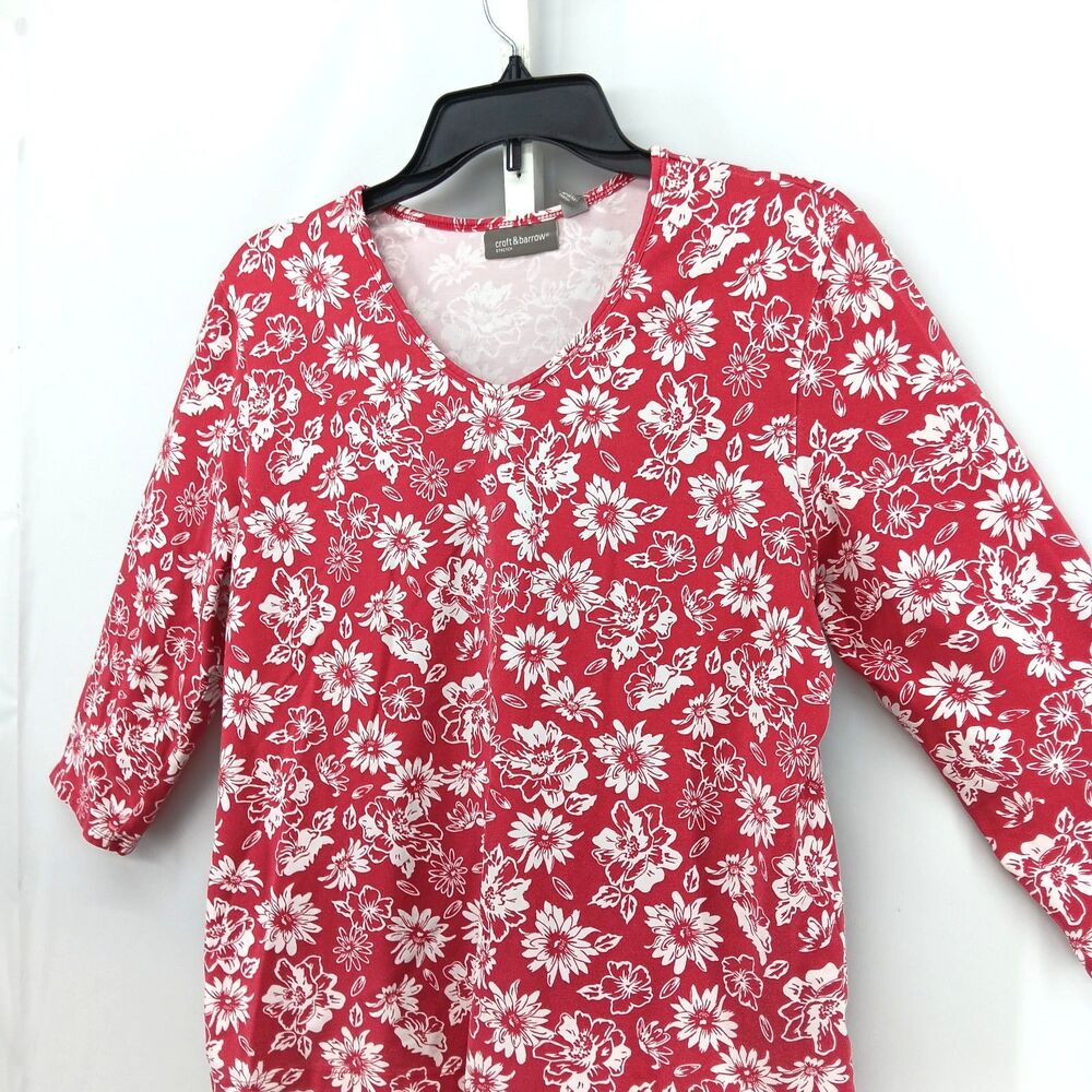Croft & Barrow Shirt Women Size XL Red White Floral 3/4 Sleeve V Neck Casual Top - Picture 2 of 6